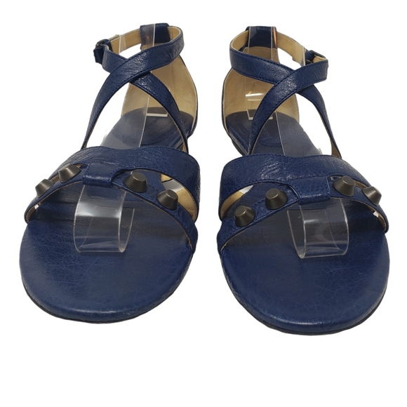 Balenciaga Dark Blue Leather Sandals Size 38 US 7.5 Ankle Strap Studded Flats - Picture 3 of 11